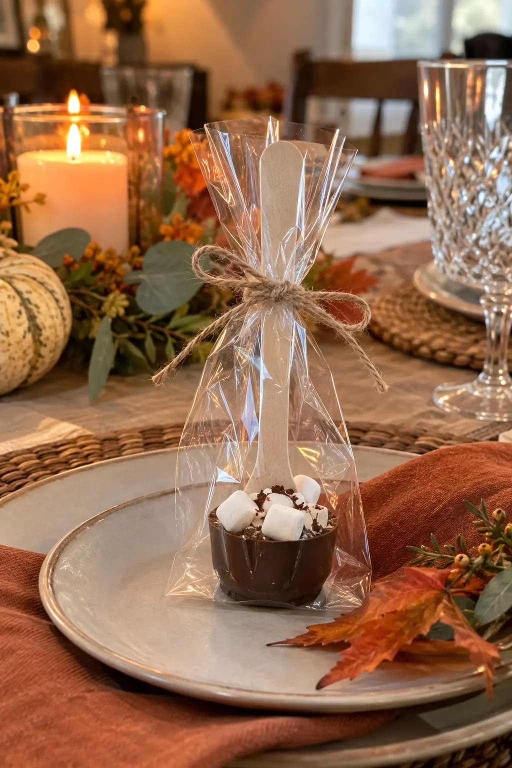 Chocolate-dipped cocoa spoons wrapped individually with marshmallows on a fall table