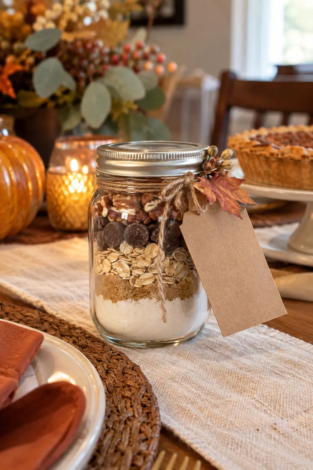Small layered cookie mix jars with plain kraft tags on a Thanksgiving dessert station
