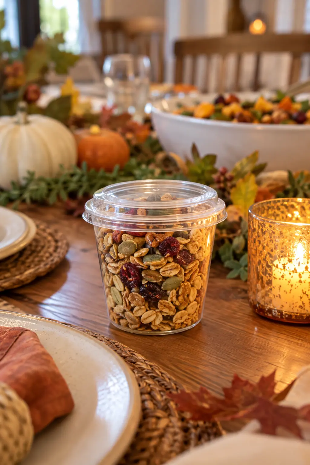 Lidded cups of autumn granola with dried cranberries and pepitas ready for guests
