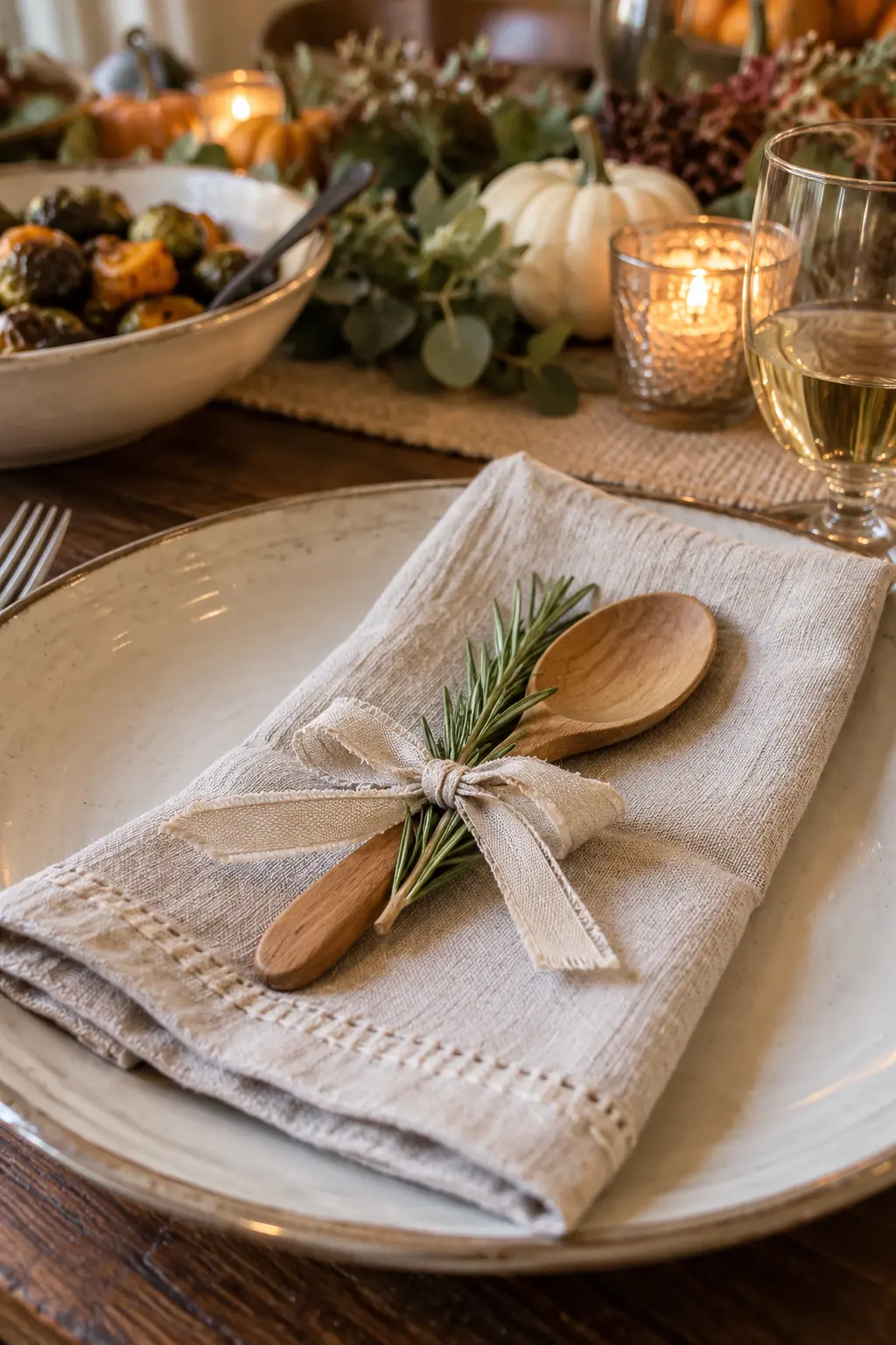 Small wooden spoon tied with rosemary and linen ribbon at a Thanksgiving table