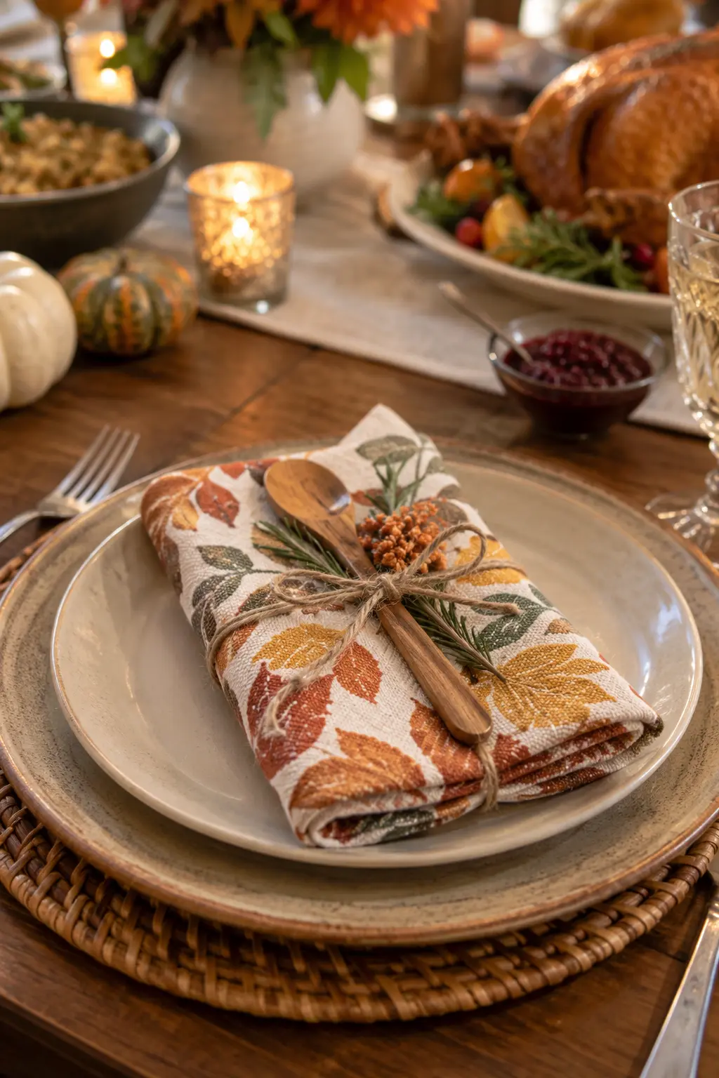 Folded autumn tea towel wrapped around a small kitchen gift at a place setting