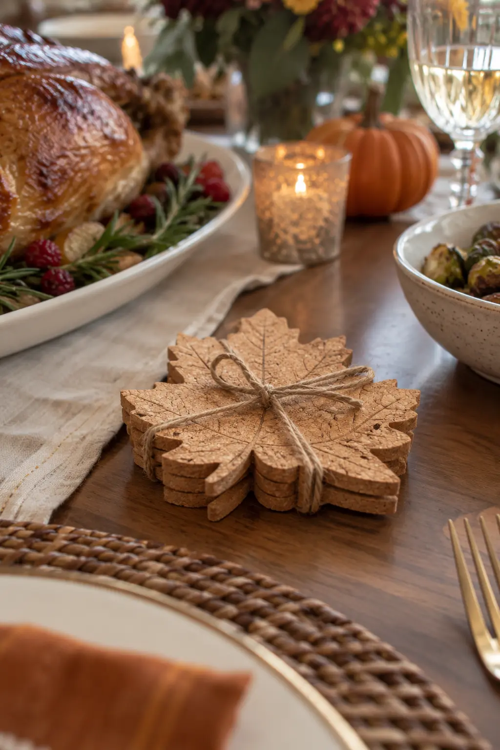 Set of cork leaf-shaped coasters tied together on a Thanksgiving table