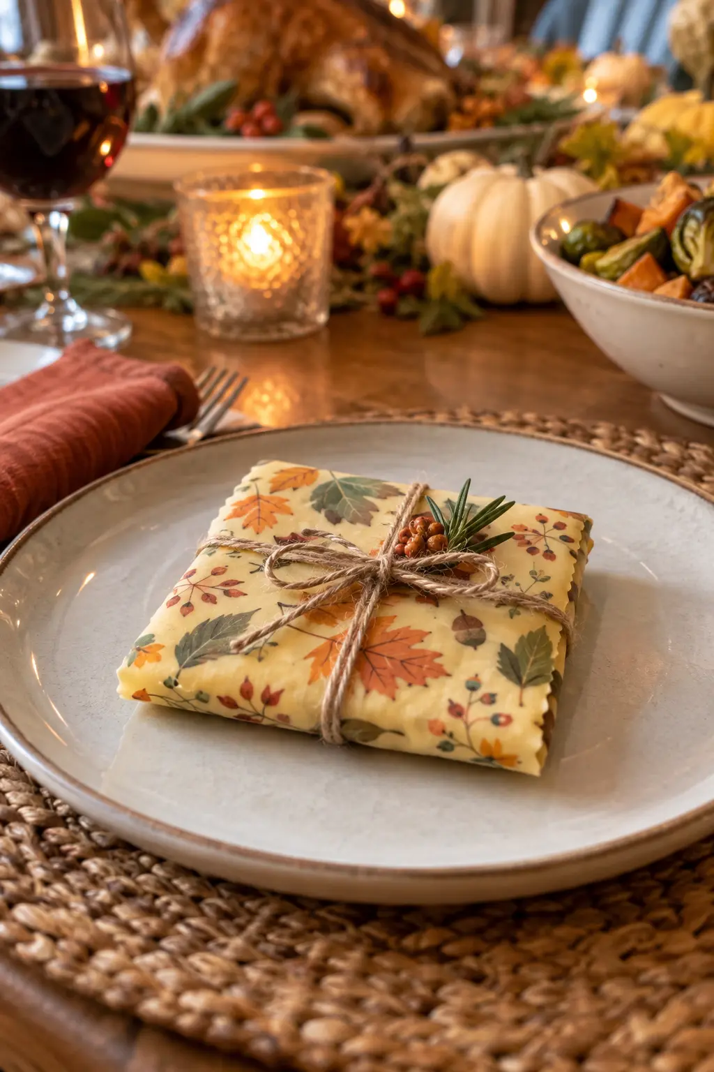 Folded patterned beeswax food wrap tied as a Thanksgiving party favor