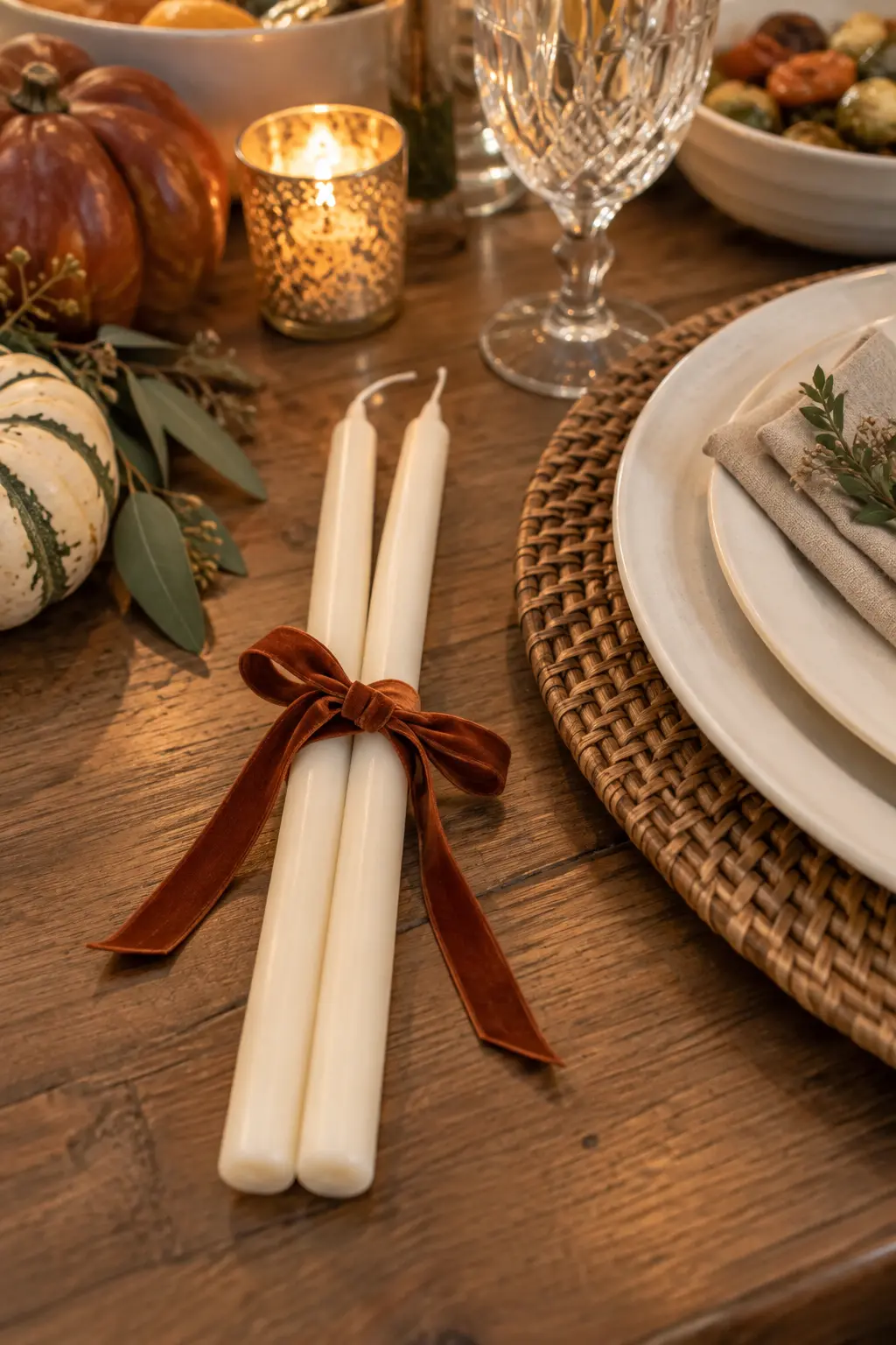 Pair of slim unscented taper candles tied with velvet ribbon beside a dinner plate