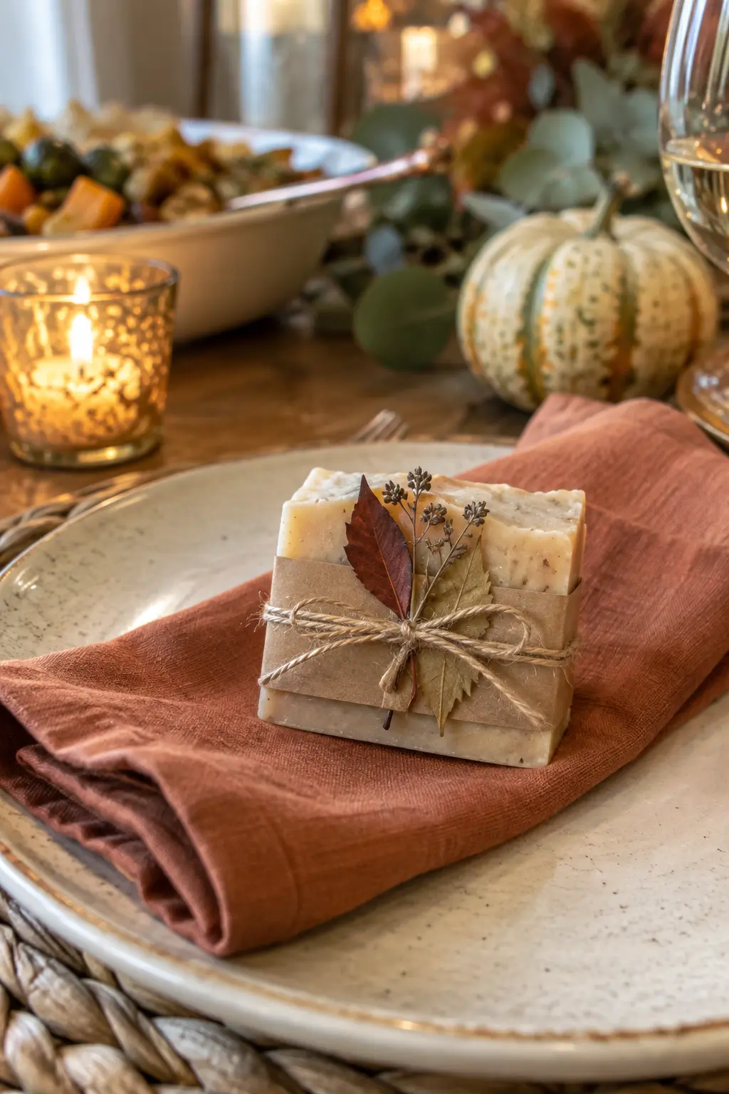 Handmade-style soap bar in a simple kraft paper sleeve with dried leaves