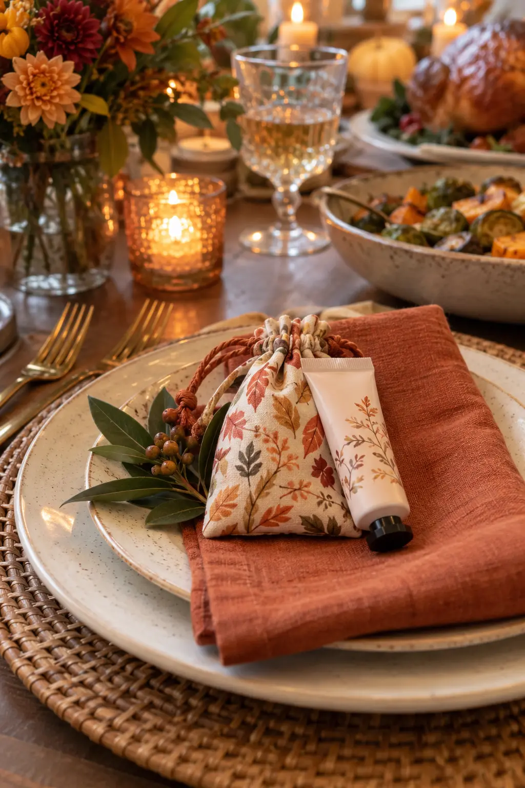 Travel-size hand cream in a fall fabric pouch at a Friendsgiving place setting