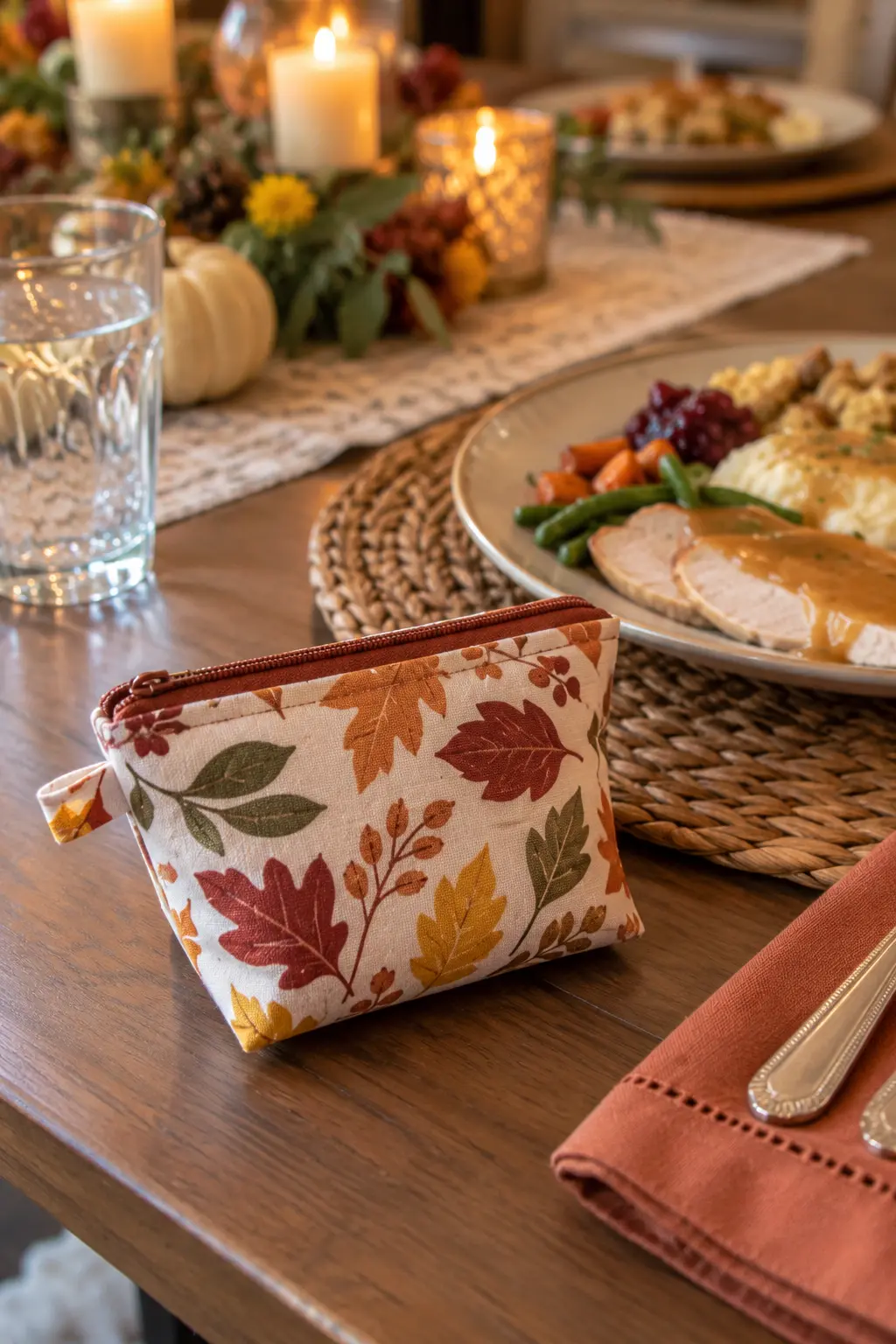Small washable snack pouch folded beside a Thanksgiving lunch-style place setting
