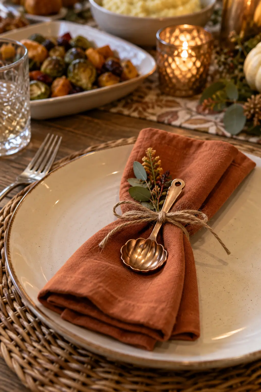 Small pumpkin-shaped metal measuring spoon tied to a folded napkin