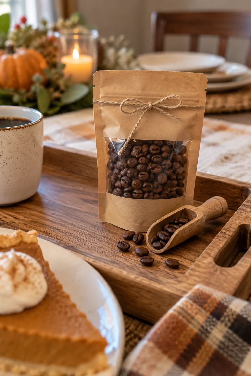 Small sealed pouch of whole coffee beans with a wooden scoop on a breakfast tray