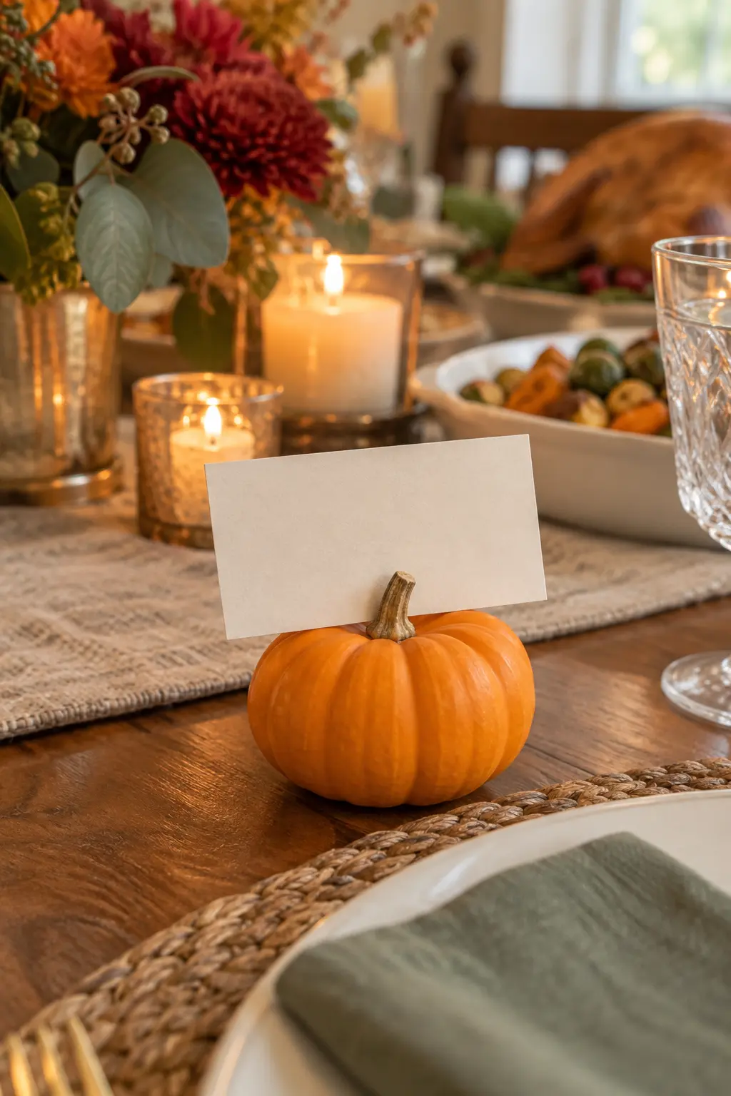 Real mini pumpkin holding a simple blank place card at an elegant Thanksgiving setting