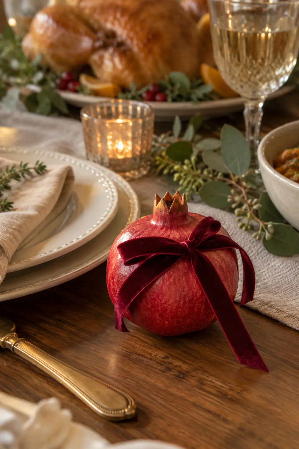 Deep red pomegranate tied with velvet ribbon beside cream dinnerware