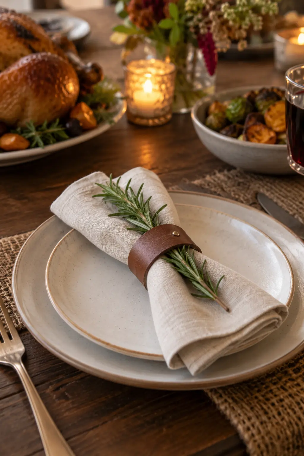 Linen napkin wrapped with rosemary and a reusable leather loop