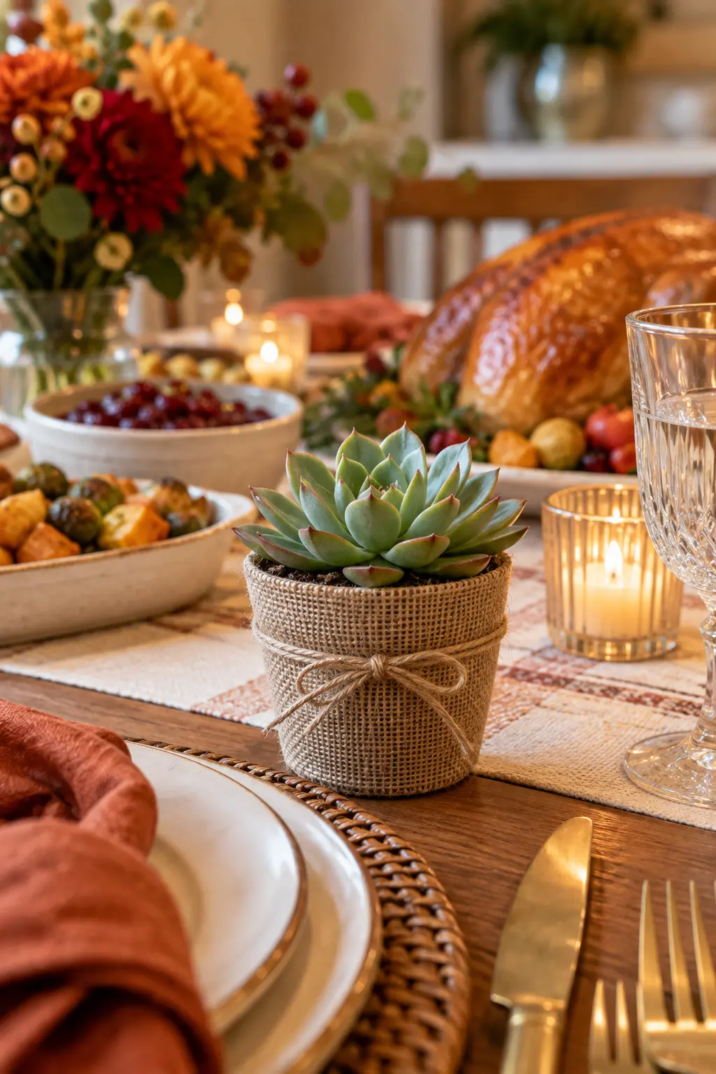 Small potted succulent at a warm modern Thanksgiving place setting