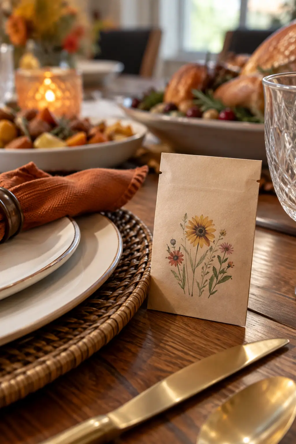 Plain seed packet used as a place card beside autumn dinnerware