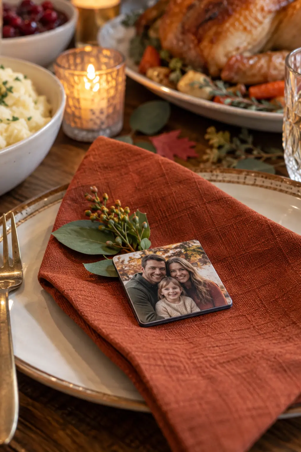 Small family photo magnet resting on a Thanksgiving napkin