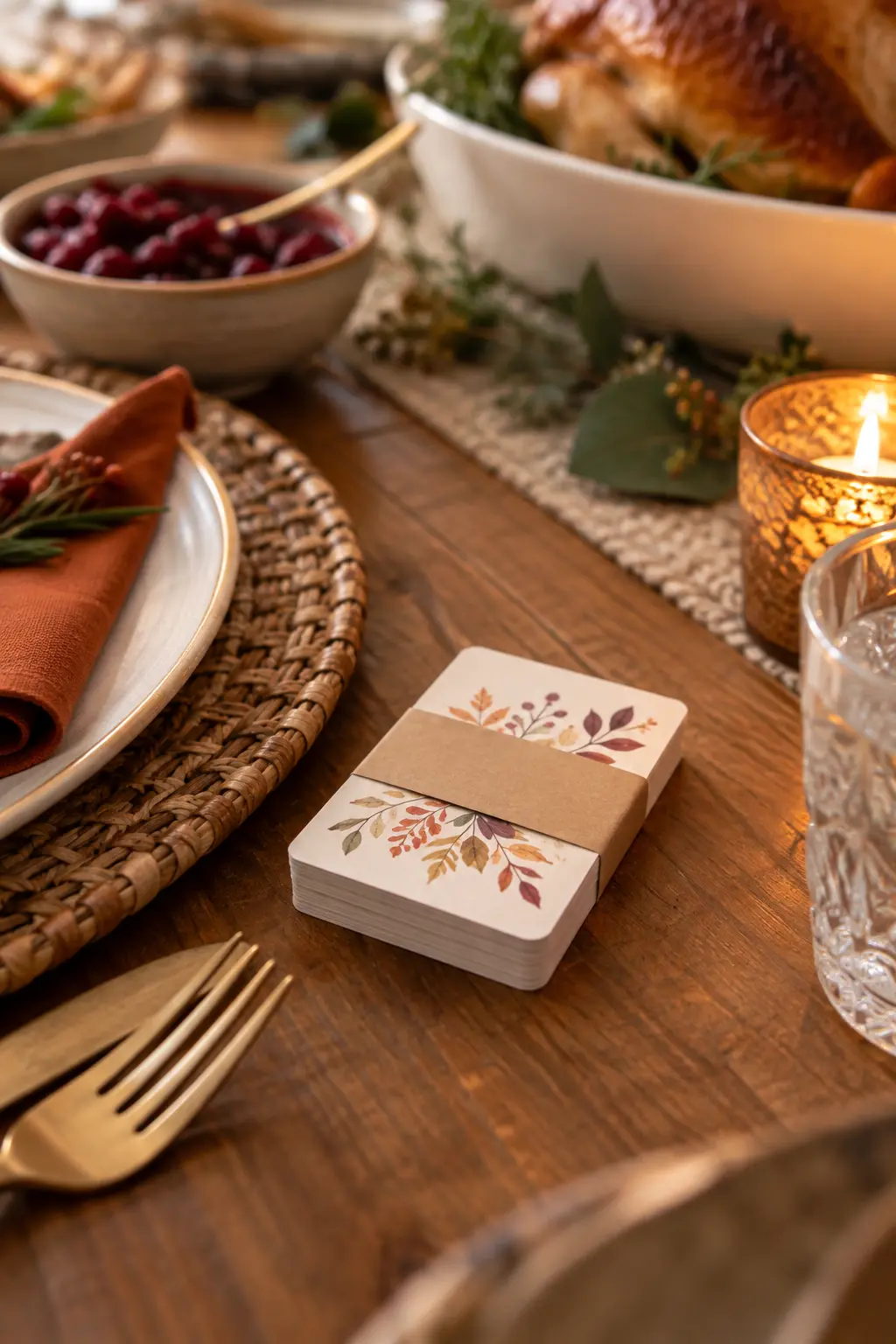 Small deck of illustrated conversation cards tied with a paper band on a dinner table