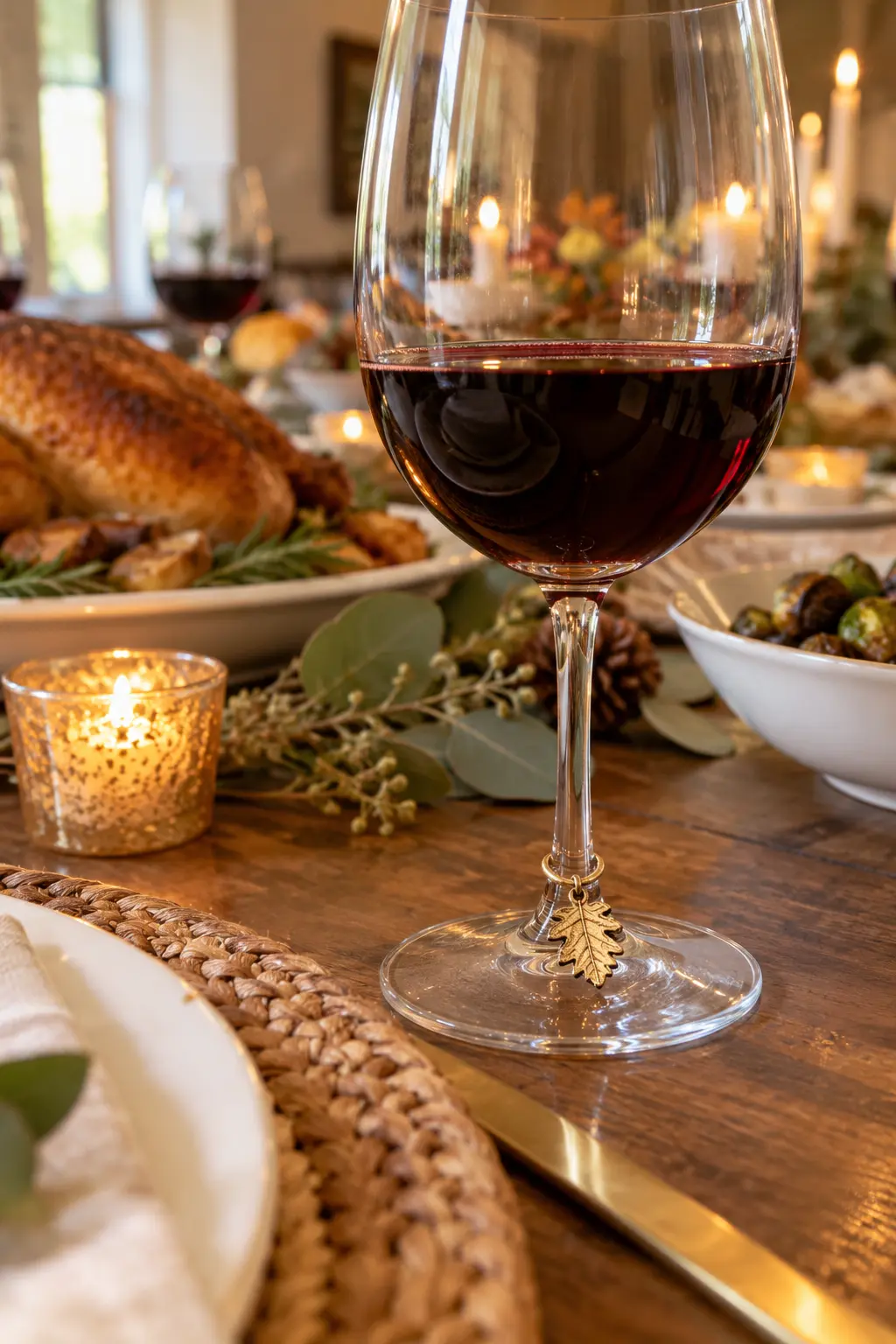 Small metal drink marker charm looped around a wineglass stem at Thanksgiving