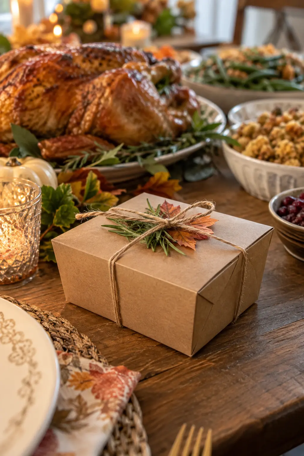 Neat kraft leftovers box tied with twine near a Thanksgiving buffet