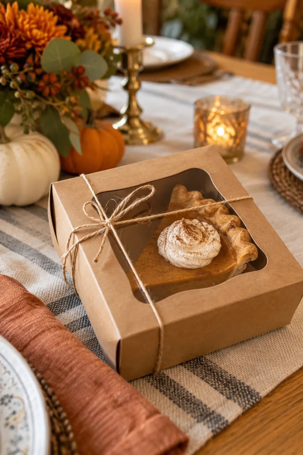 Small window pie box holding one neat slice of pie as a take-home favor