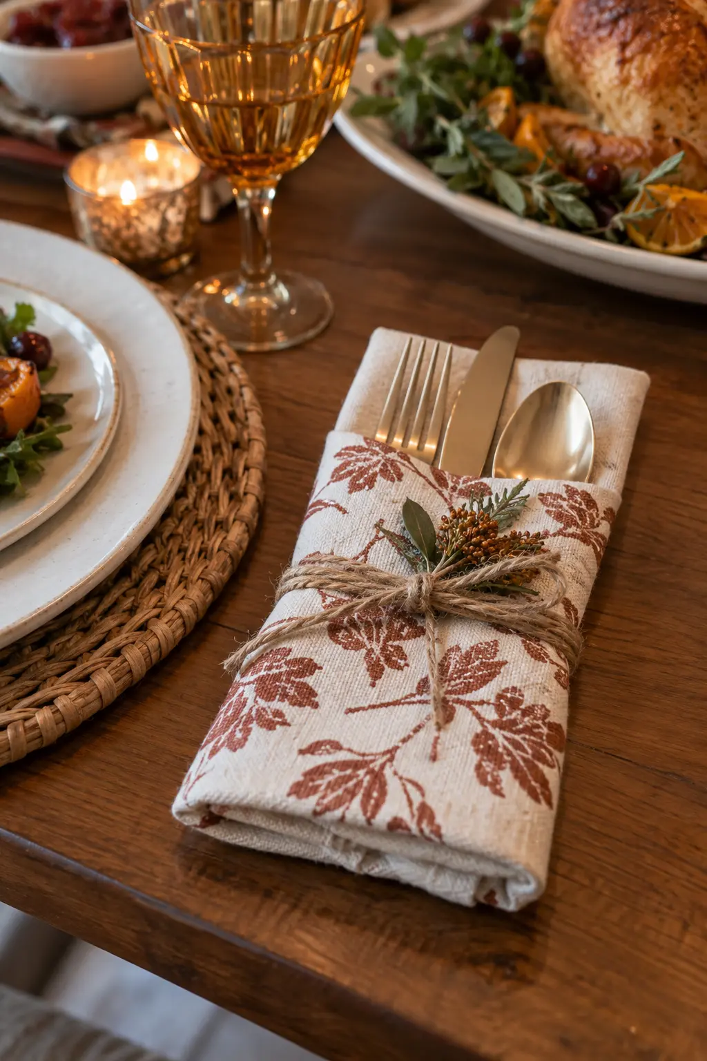 Folded cotton tea towel holding flatware at a Thanksgiving place setting