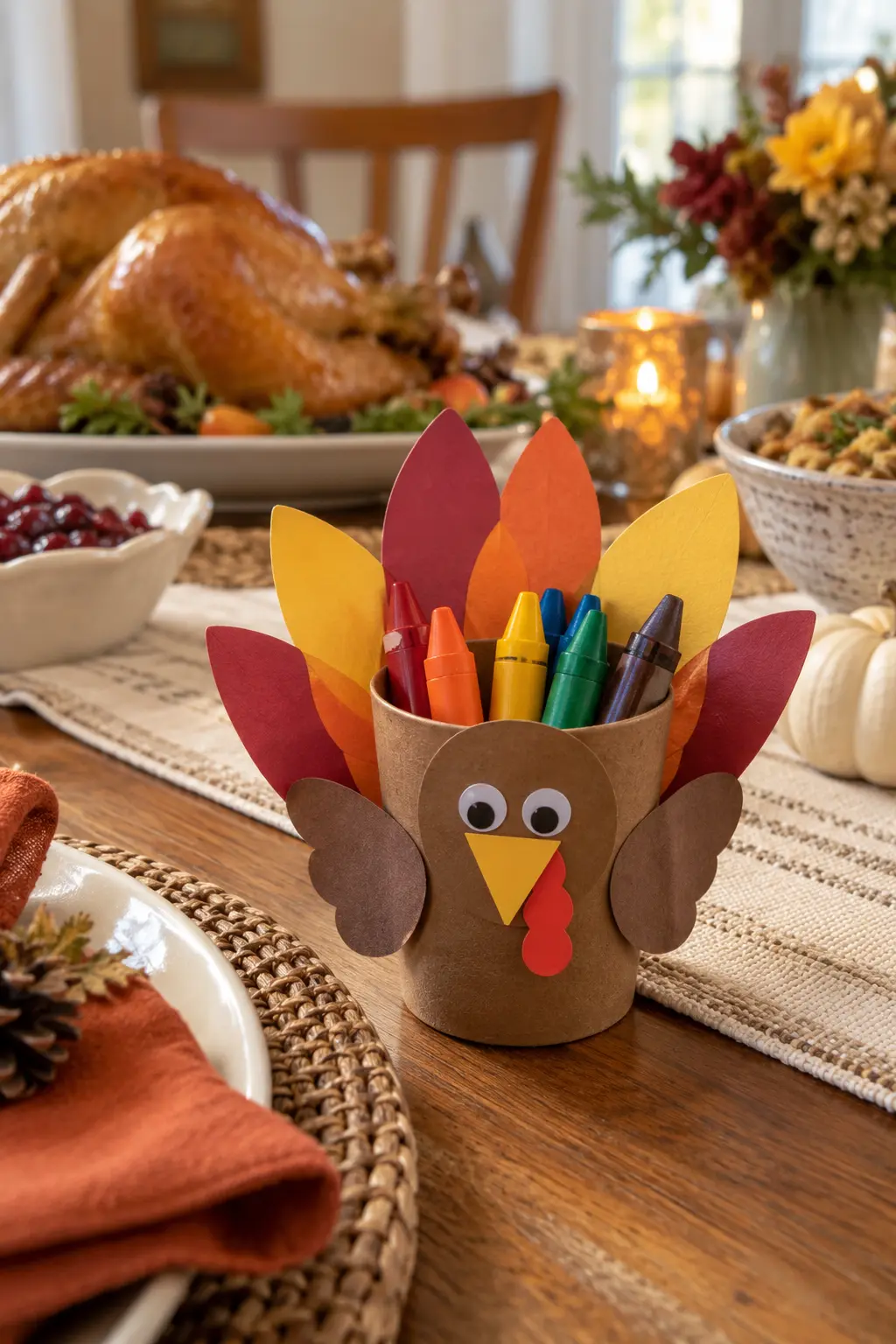Paper turkey cup holding chunky crayons at a kids Thanksgiving table