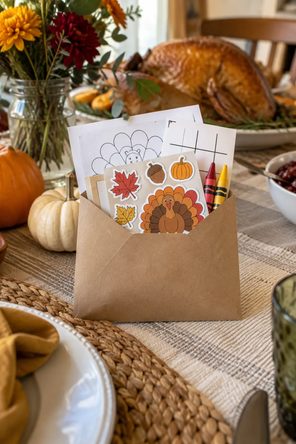Kraft envelope filled with autumn stickers and activity sheets for children