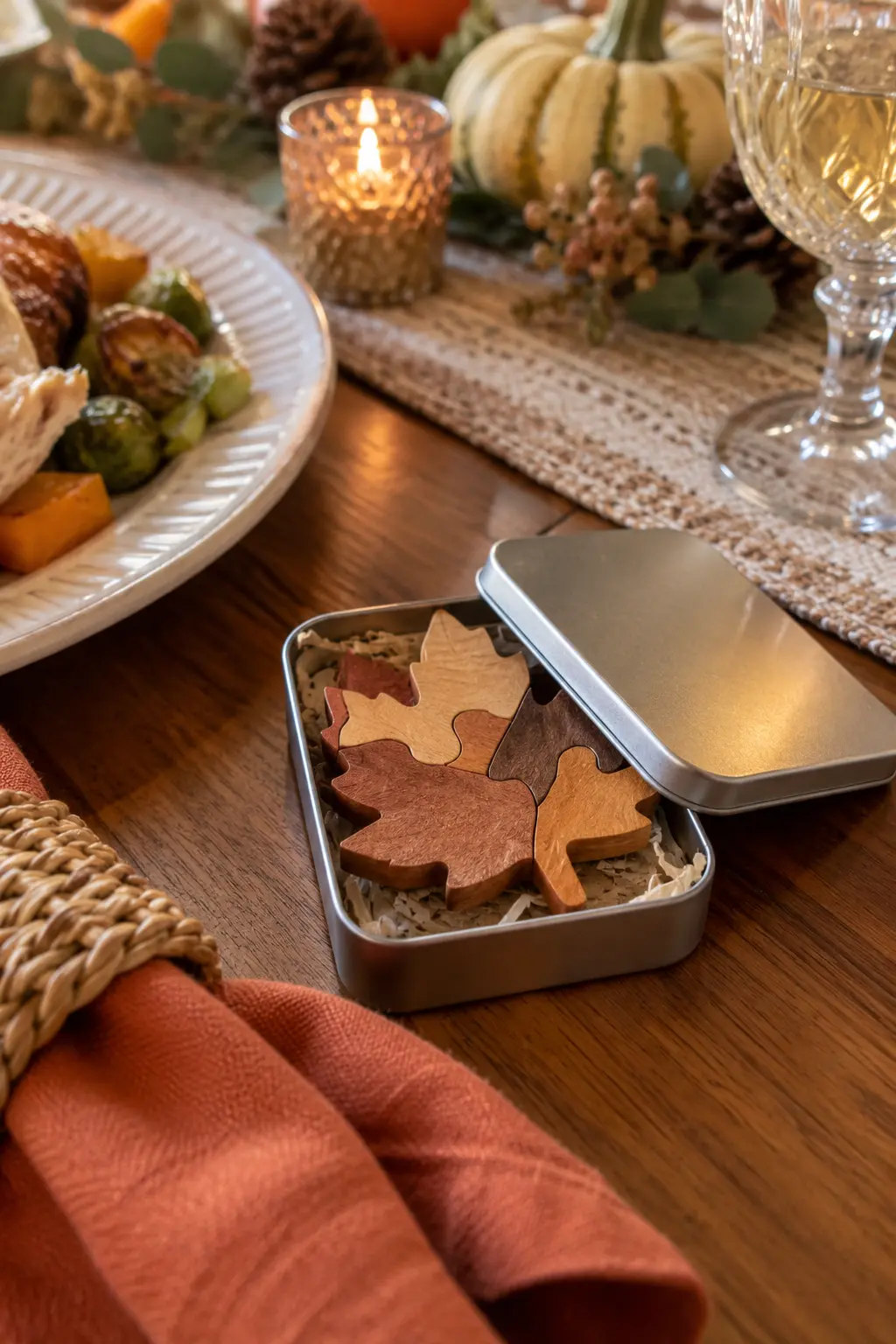Small metal tin holding a simple wooden fall leaf puzzle