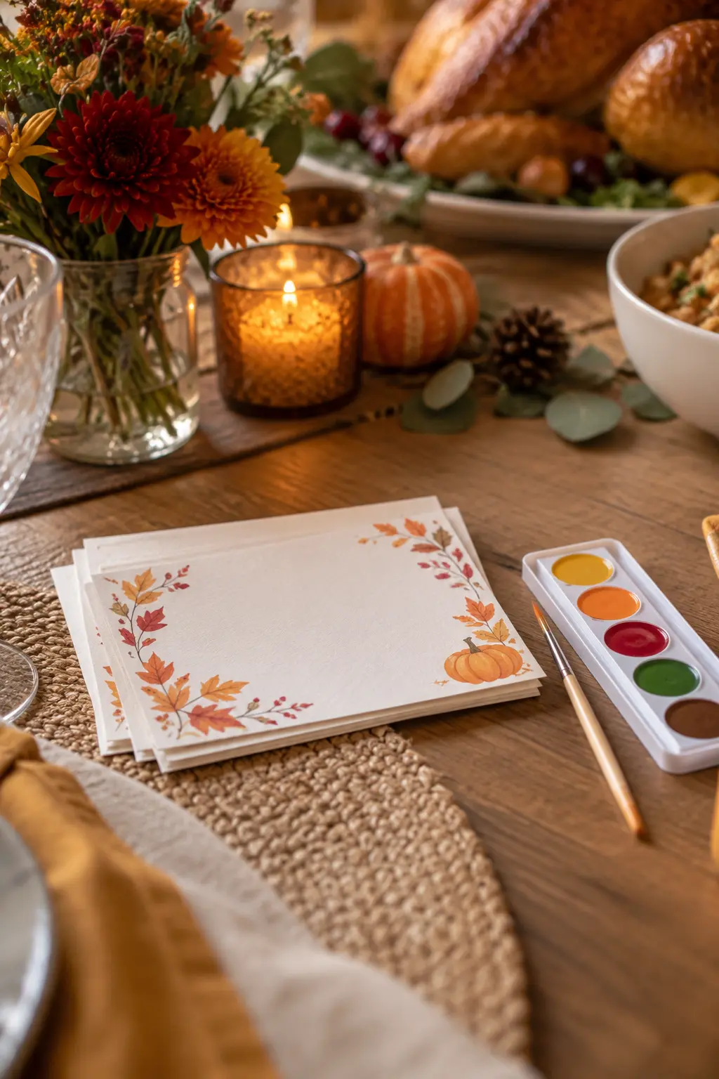 Blank fall postcards with watercolor paint dots and a child-safe brush