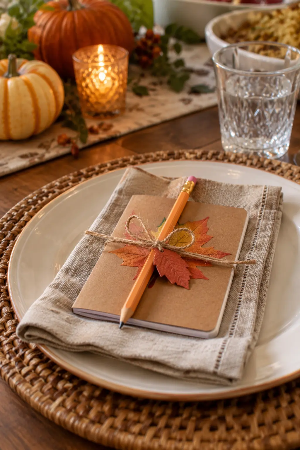 Pocket notebook with a fall pencil tied together for a Thanksgiving kids favor