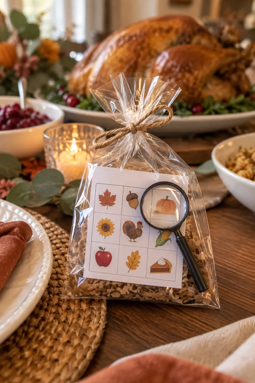 Small magnifying glass and picture checklist in a Thanksgiving activity pouch