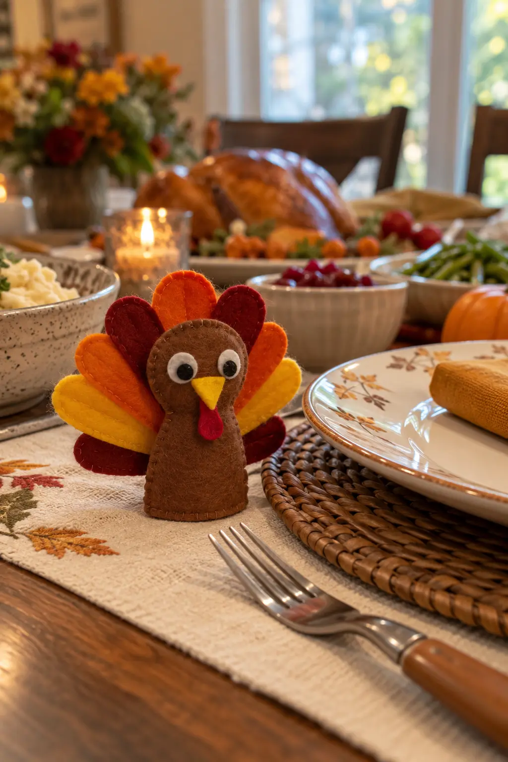 Soft felt turkey finger puppet standing beside a child’s place setting