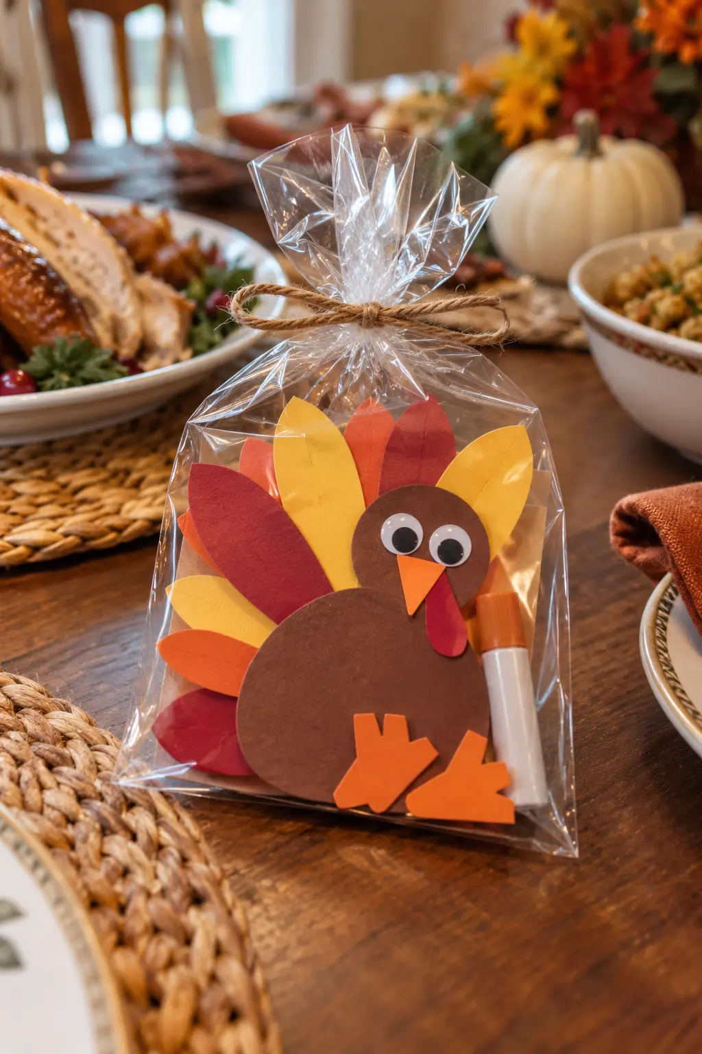 Precut paper turkey craft pieces sorted into a clear bag for children