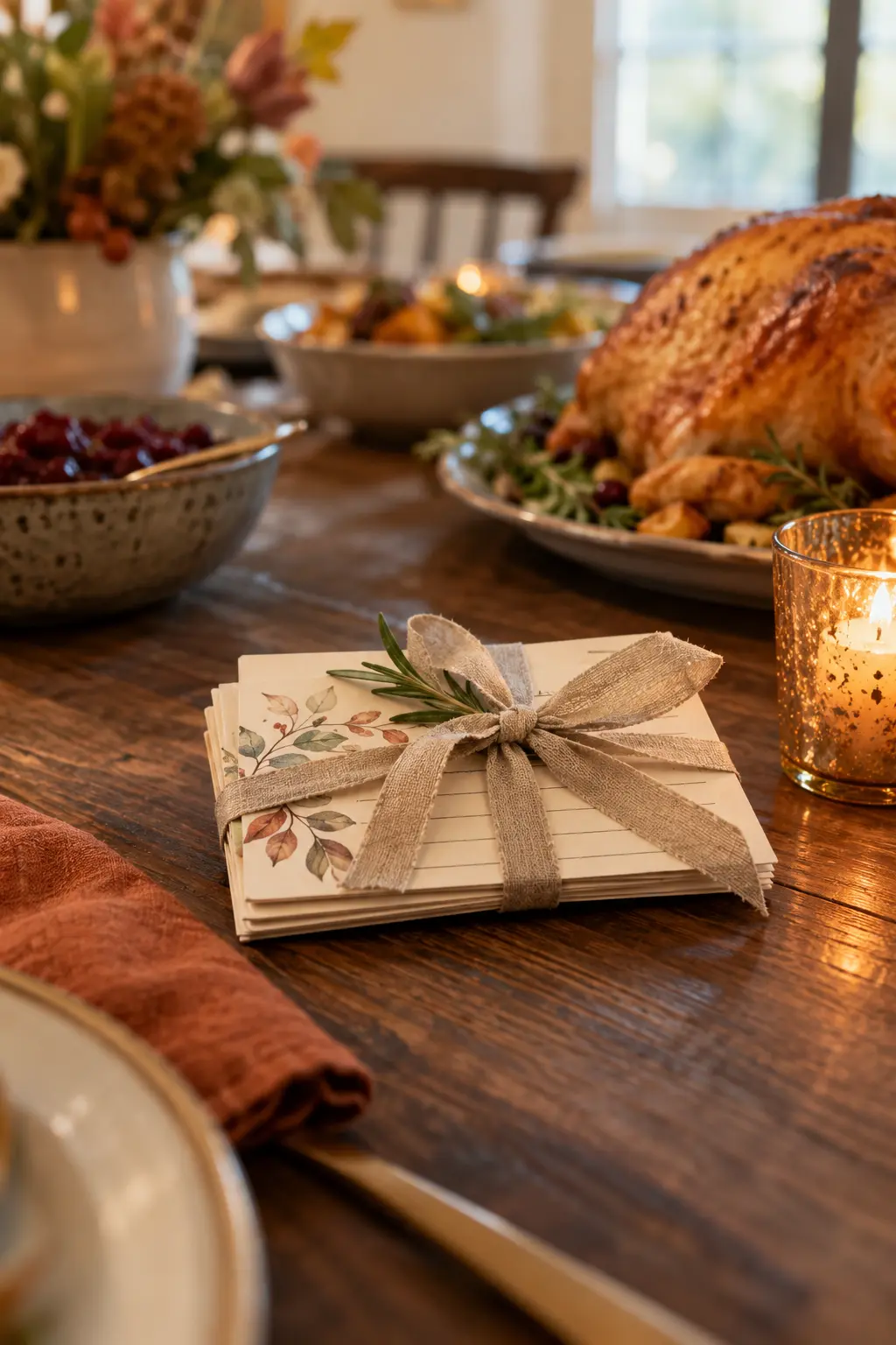 Small bundle of handwritten-style family recipe cards tied with linen ribbon