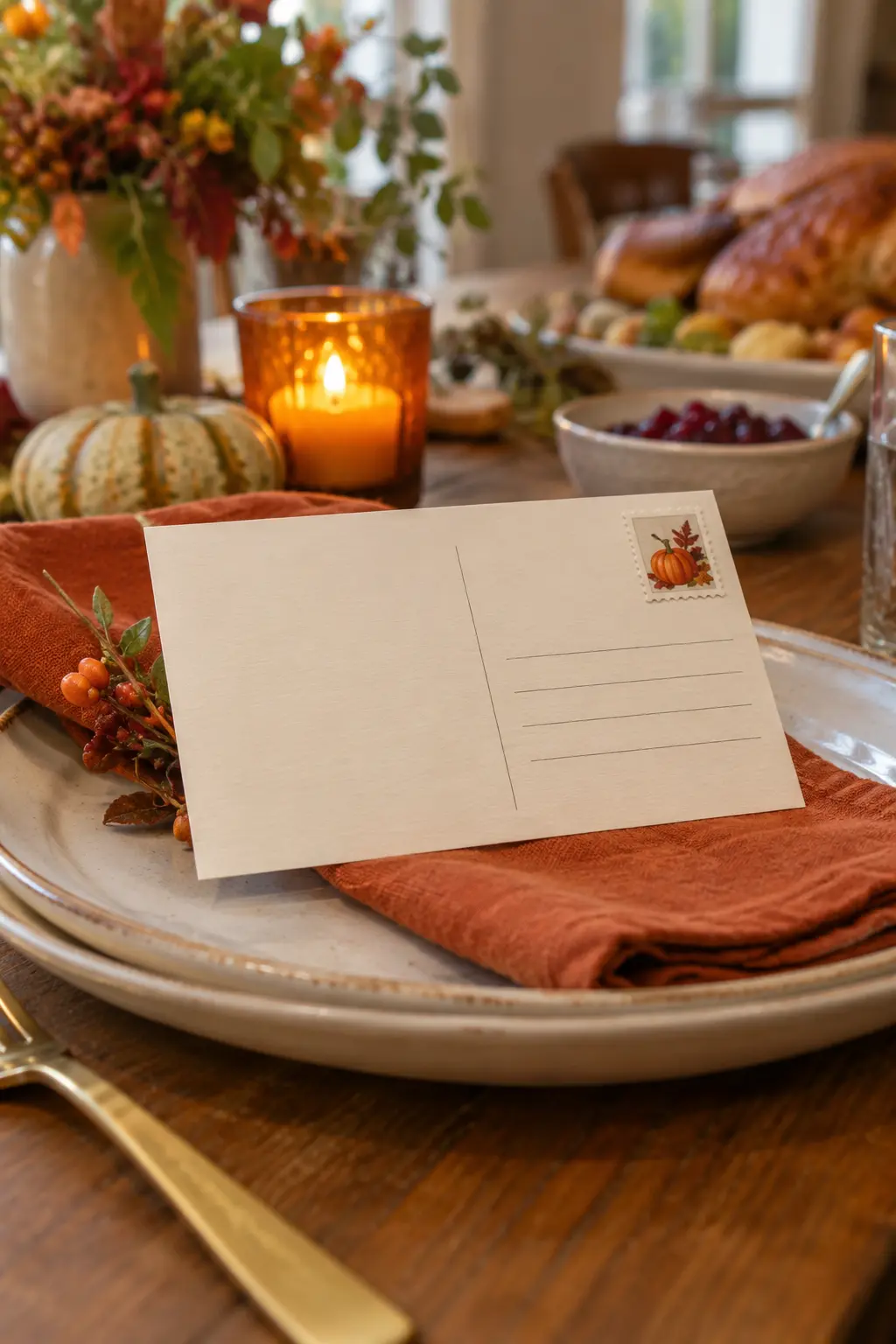 Illustrated blank postcard with a stamp at a Thanksgiving place setting