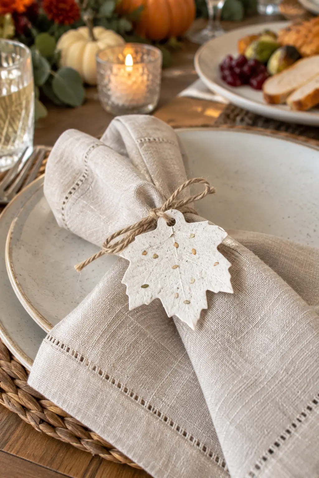 Leaf-shaped seed paper tag tied to a linen napkin