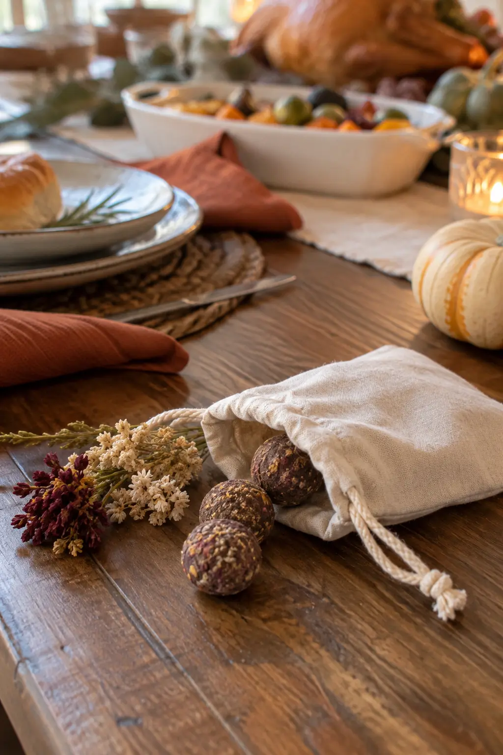 Small cloth pouch containing a few natural seed balls beside dried flowers