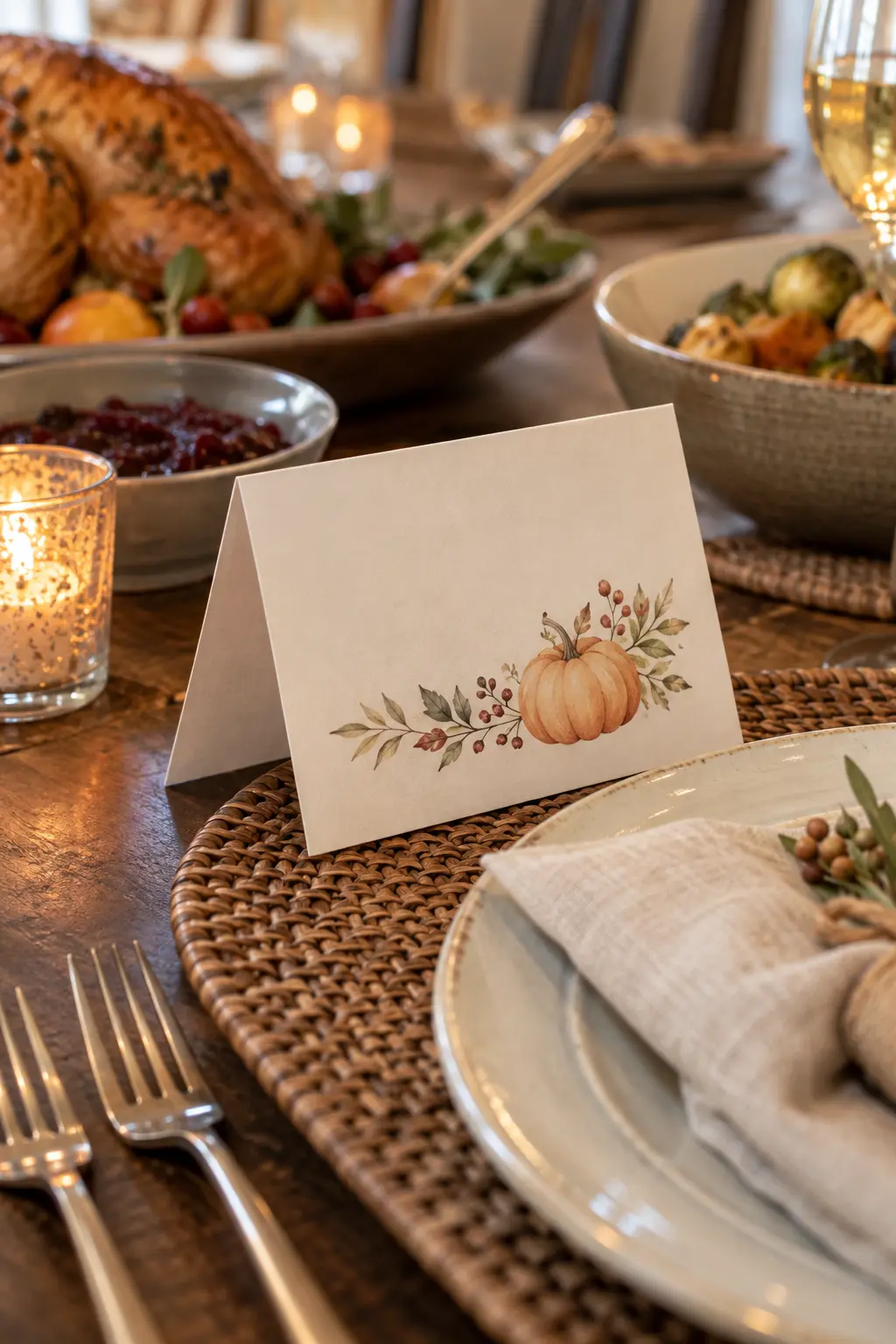 Elegant folded donation acknowledgment card at a Thanksgiving place setting