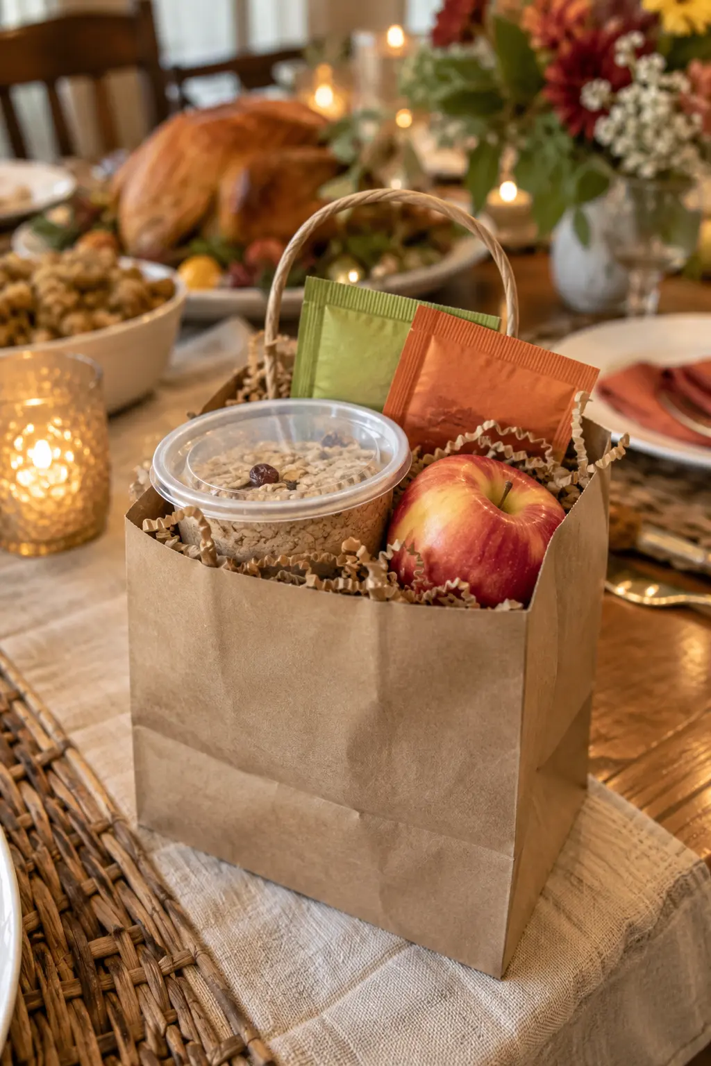 Small paper bag with sealed oatmeal cup, tea, and fruit for Thanksgiving guests