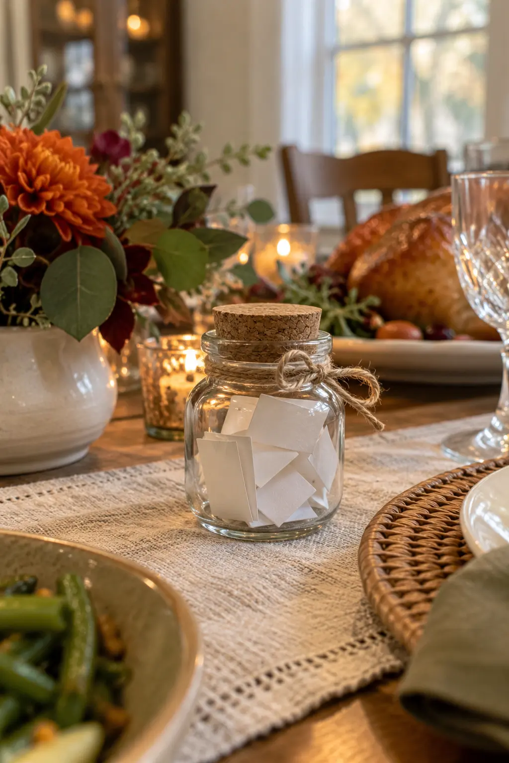 Tiny glass jar filled with blank memory prompt slips on a Thanksgiving table