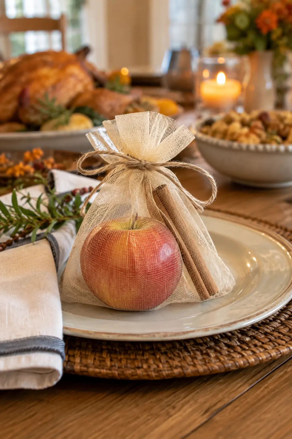 Mesh produce bag holding a bright apple and cinnamon stick as a fall favor