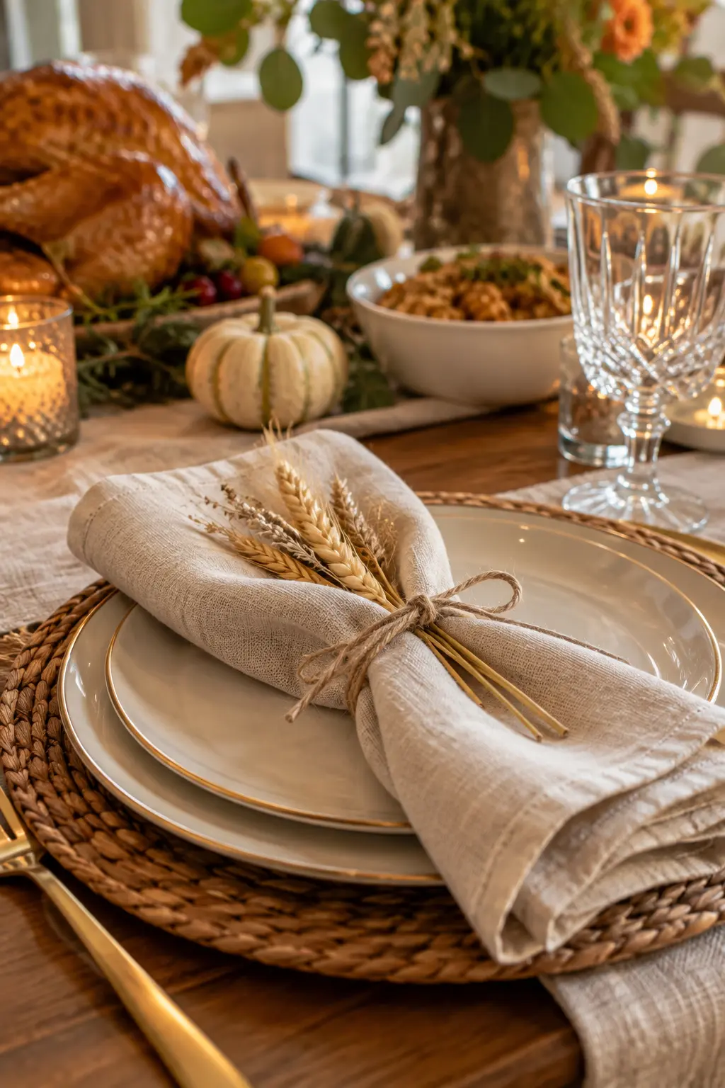 Beautiful cotton napkin tied with twine and dried wheat at a Thanksgiving table